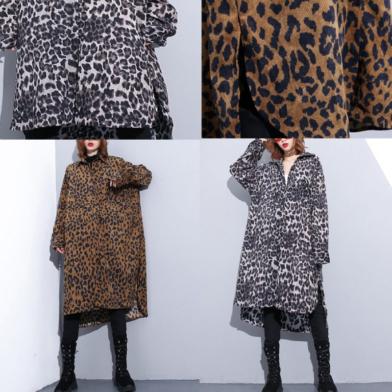 Mode Sort Leopard Plus Size Frakke Turn-down Krave Baggy - Chokolade Leopard