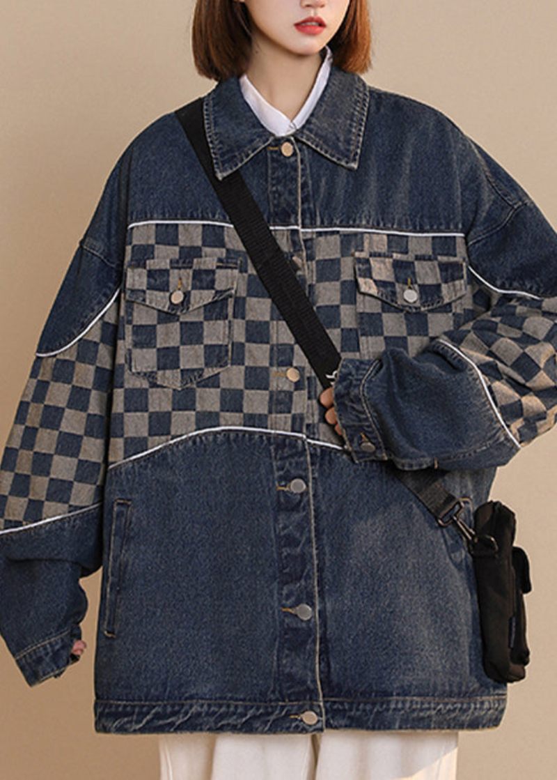 Mode Sort Peter Pan Krave Plaid Patchwork Knap Bomuld Denim Frakke Fall - Sort