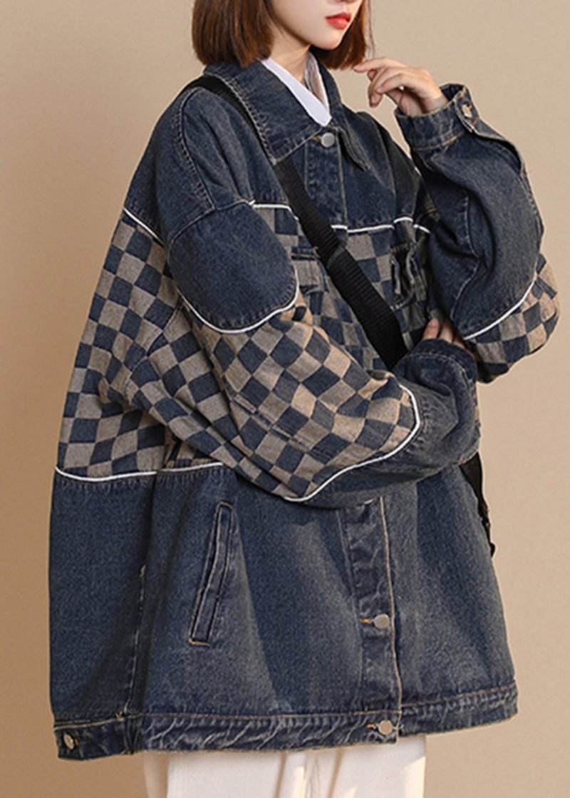 Mode Sort Peter Pan Krave Plaid Patchwork Knap Bomuld Denim Frakke Fall - Sort