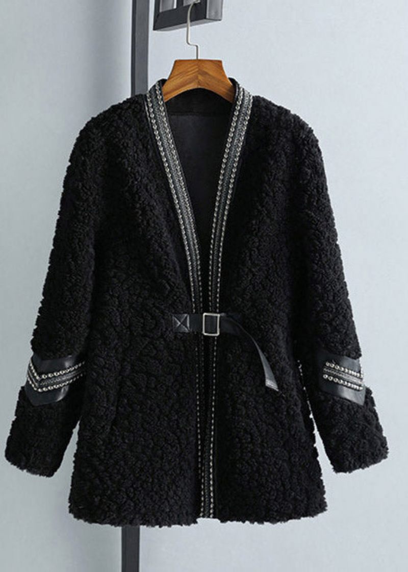 Mode Sort V-hals Patchwork Sashes Faux Fur Coat Vinter