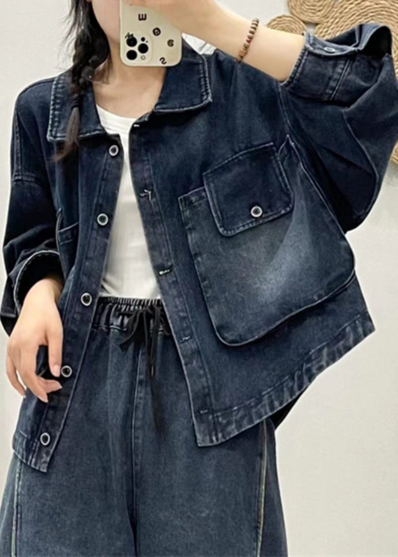 Moderne Blå Knaplommer Patchwork Denim Frakke Efterår