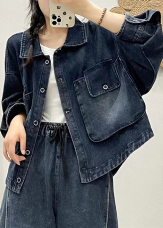 Moderne Blå Knaplommer Patchwork Denim Frakke Efterår