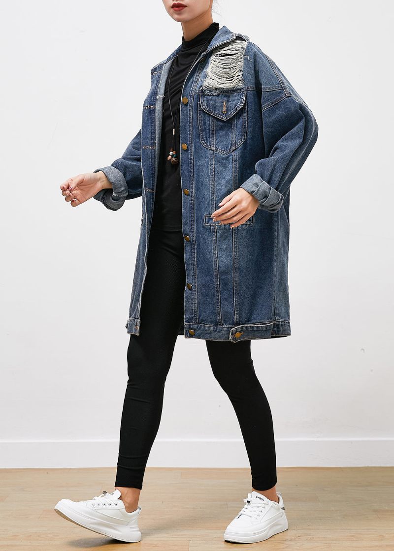 Moderne Blå Oversize Denim Ripped Frakke Outwear Fall