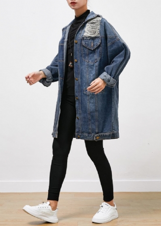 Moderne Blå Oversize Denim Ripped Frakke Outwear Fall