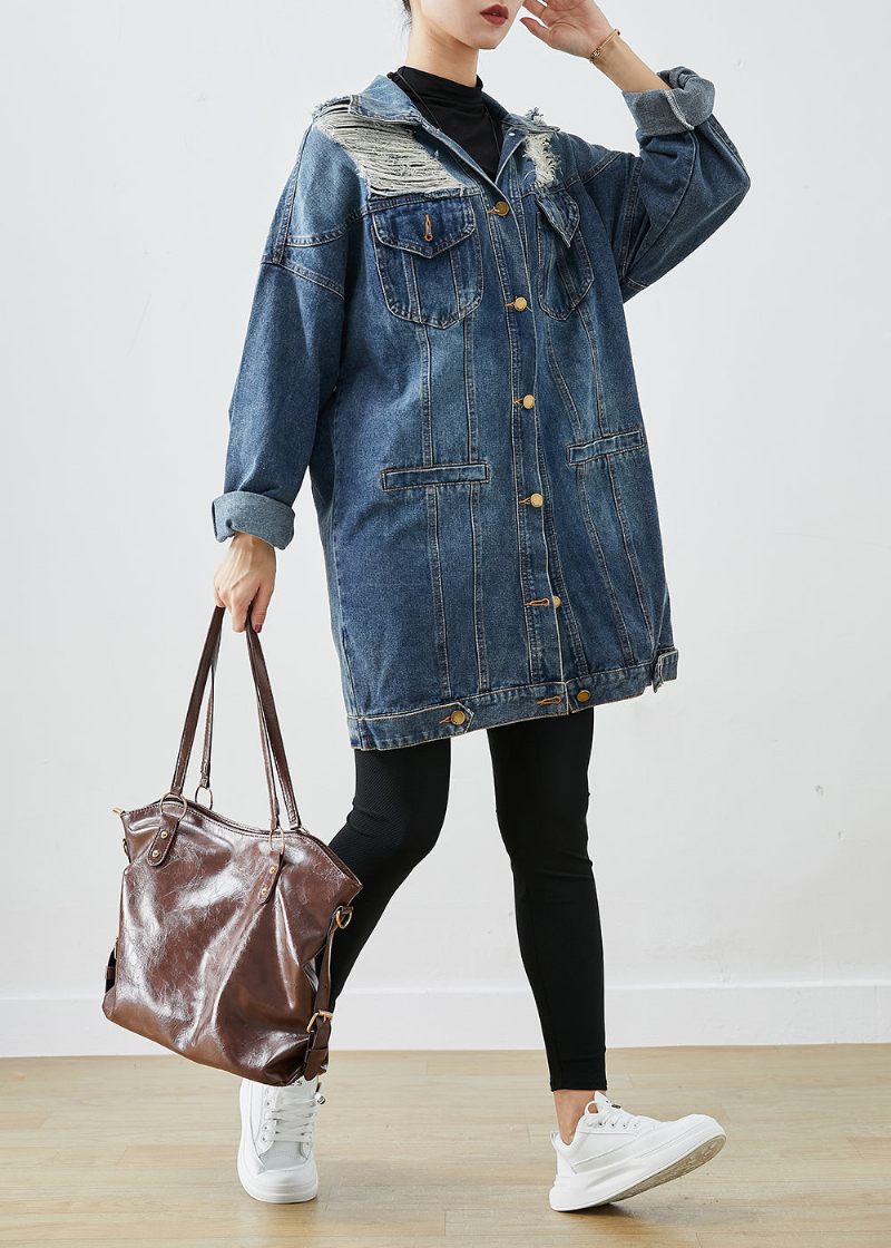 Moderne Blå Oversize Denim Ripped Frakke Outwear Fall - Dame vinterfrakker