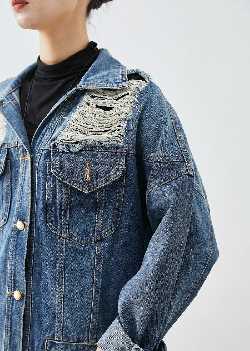 Moderne Blå Oversize Denim Ripped Frakke Outwear Fall - Dame vinterfrakker