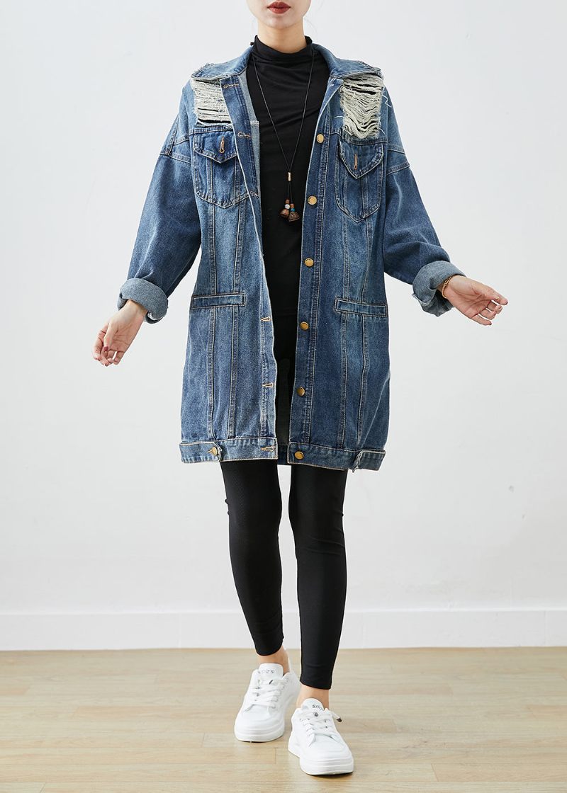 Moderne Blå Oversize Denim Ripped Frakke Outwear Fall - Dame vinterfrakker