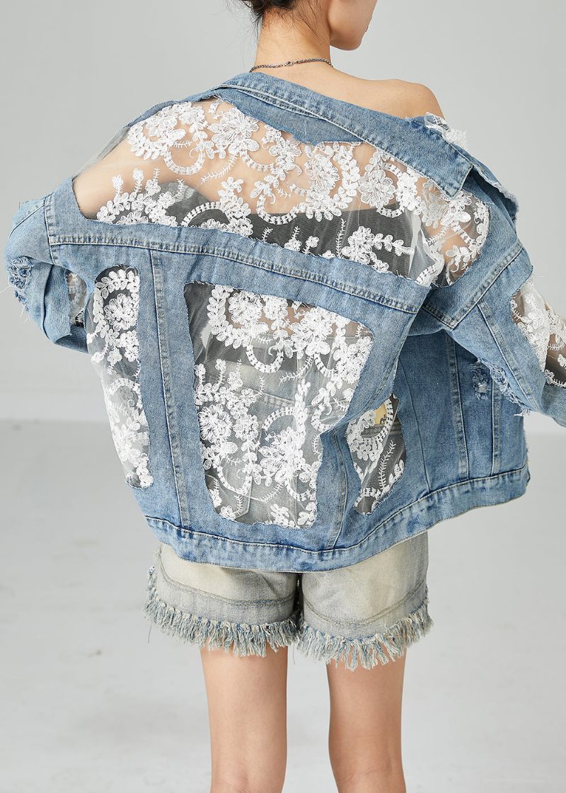 Moderne Blue Lace Tulle Patchwork Denim Frakker Sommer