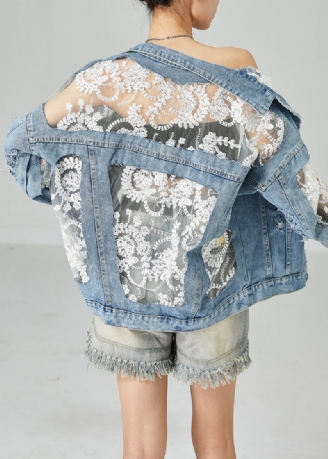 Moderne Blue Lace Tulle Patchwork Denim Frakker Sommer