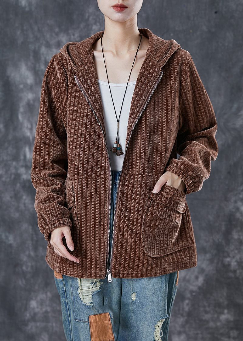 Moderne Kaffehættelommer Corduroy Coat Spring - Dame vinterfrakker