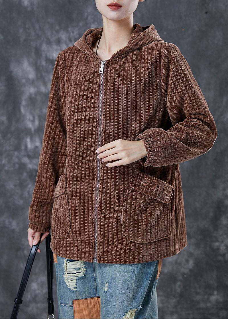 Moderne Kaffehættelommer Corduroy Coat Spring - Dame vinterfrakker