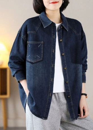 Moderne Marineblå Oversized Broderede Varm Fleece Denim Jakker Forår