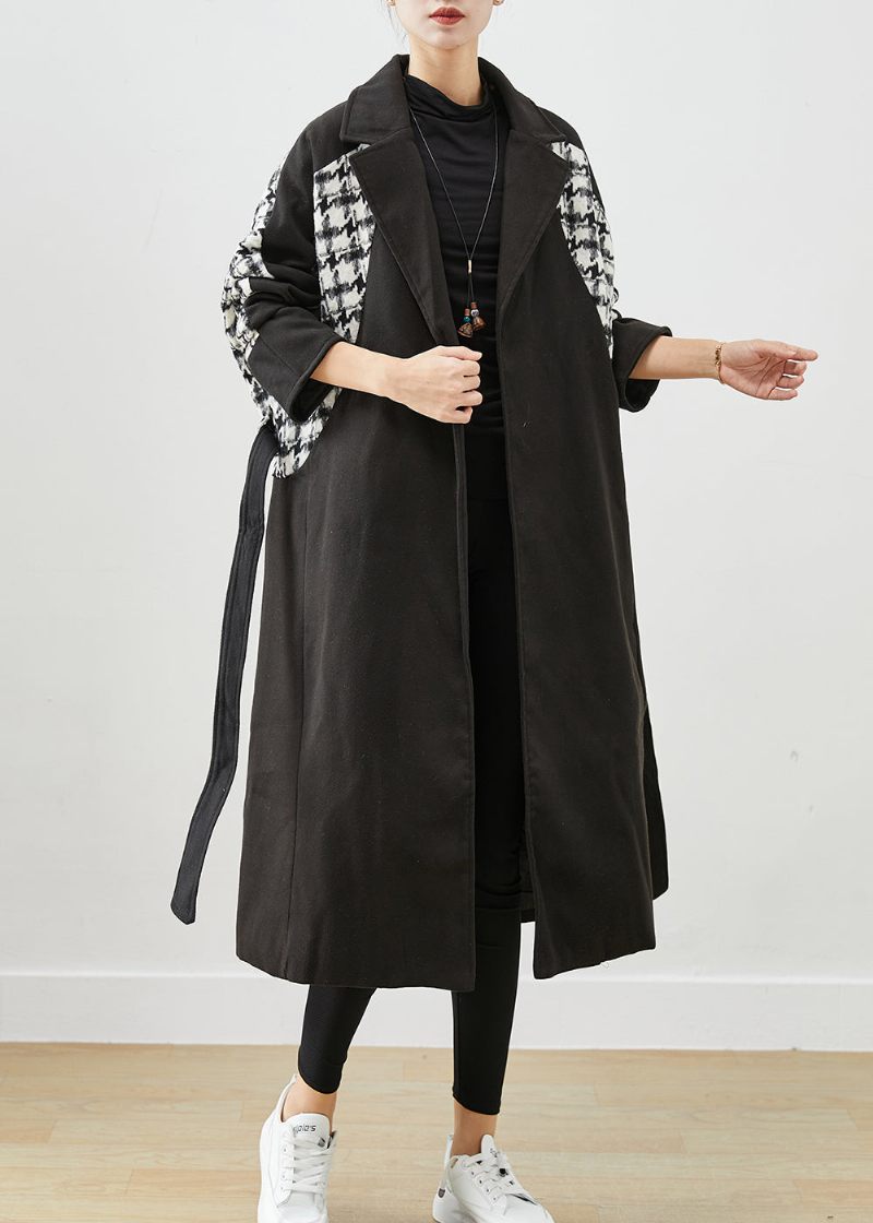 Moderne Sort Tyk Patchwork Plaid Ulden Frakke Outwear Efterår - Dame vinterfrakker