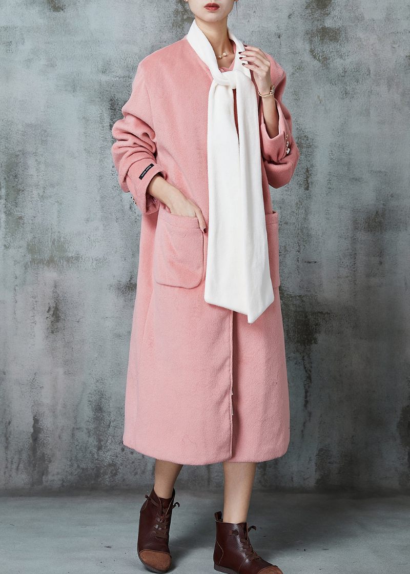 Monteret Pink Oversized Patchwork Sløjfe Ulden Frakke Fjeder - Dame vinterfrakker