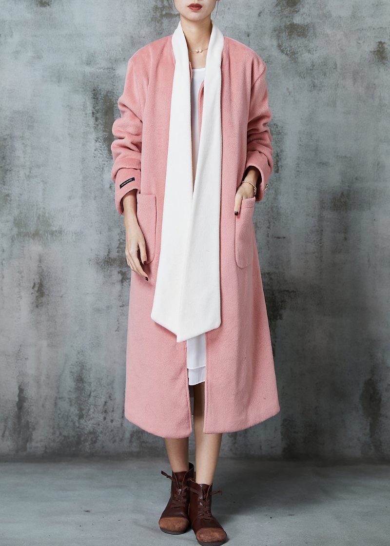 Monteret Pink Oversized Patchwork Sløjfe Ulden Frakke Fjeder - Dame vinterfrakker