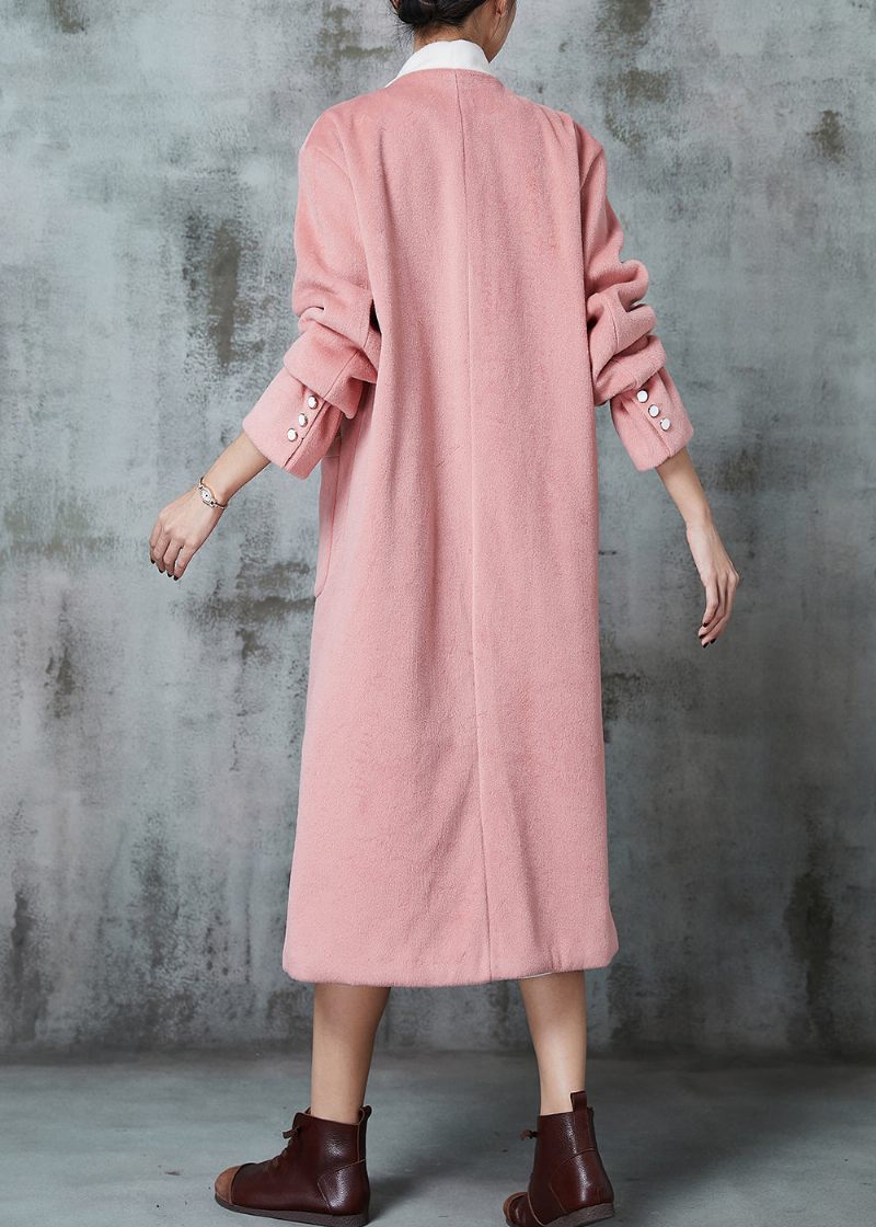 Monteret Pink Oversized Patchwork Sløjfe Ulden Frakke Fjeder - Dame vinterfrakker