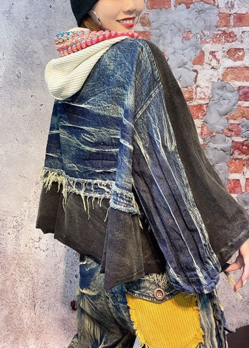 Monteret Sort Hætte Patchwork Fall Denim Langærmet Frakke - Sort