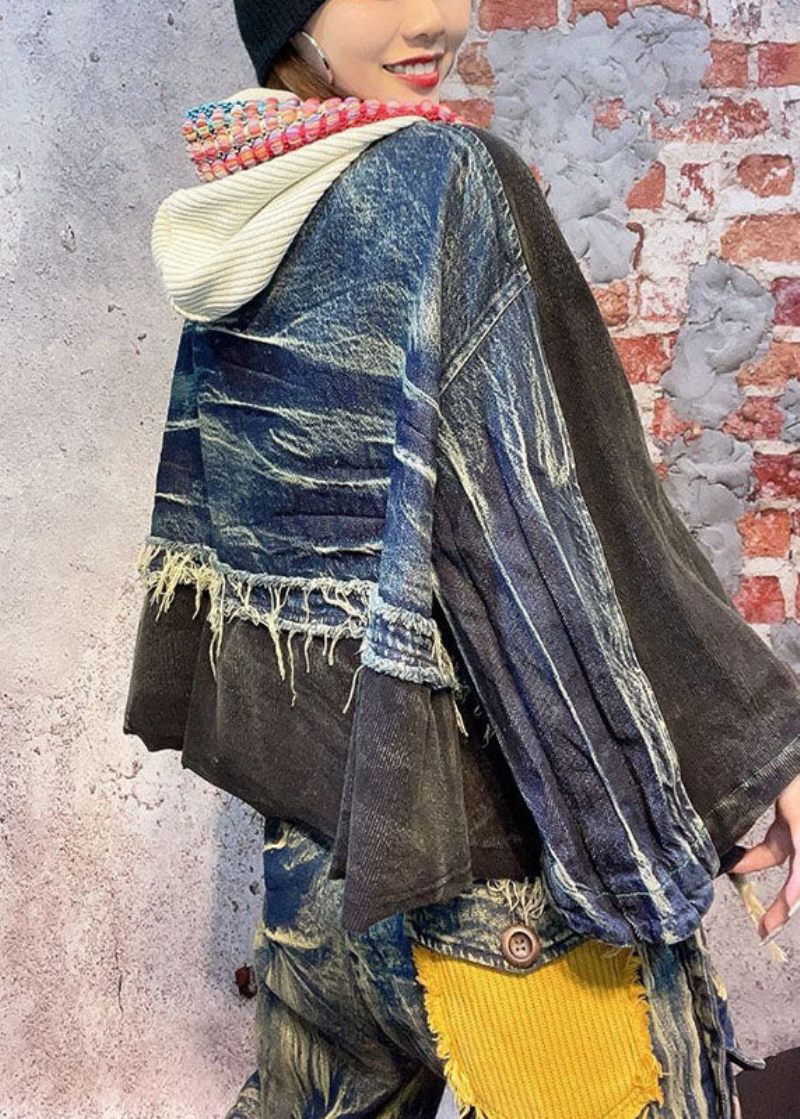 Monteret Sort Hætte Patchwork Fall Denim Langærmet Frakke - Sort