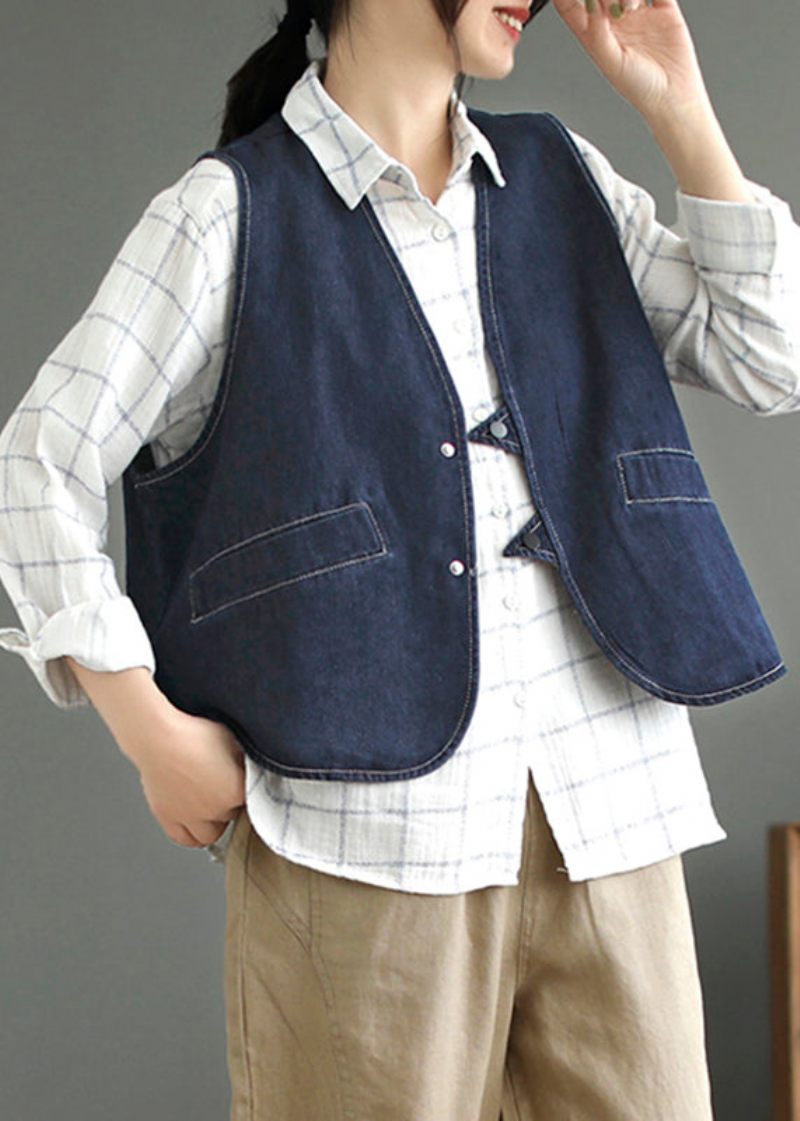 Mørkeblå Lommer Patchwork Denim Vest Uden Ærmer