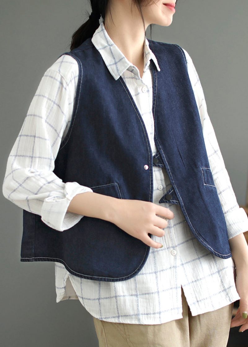 Mørkeblå Lommer Patchwork Denim Vest Uden Ærmer - Mørkeblå