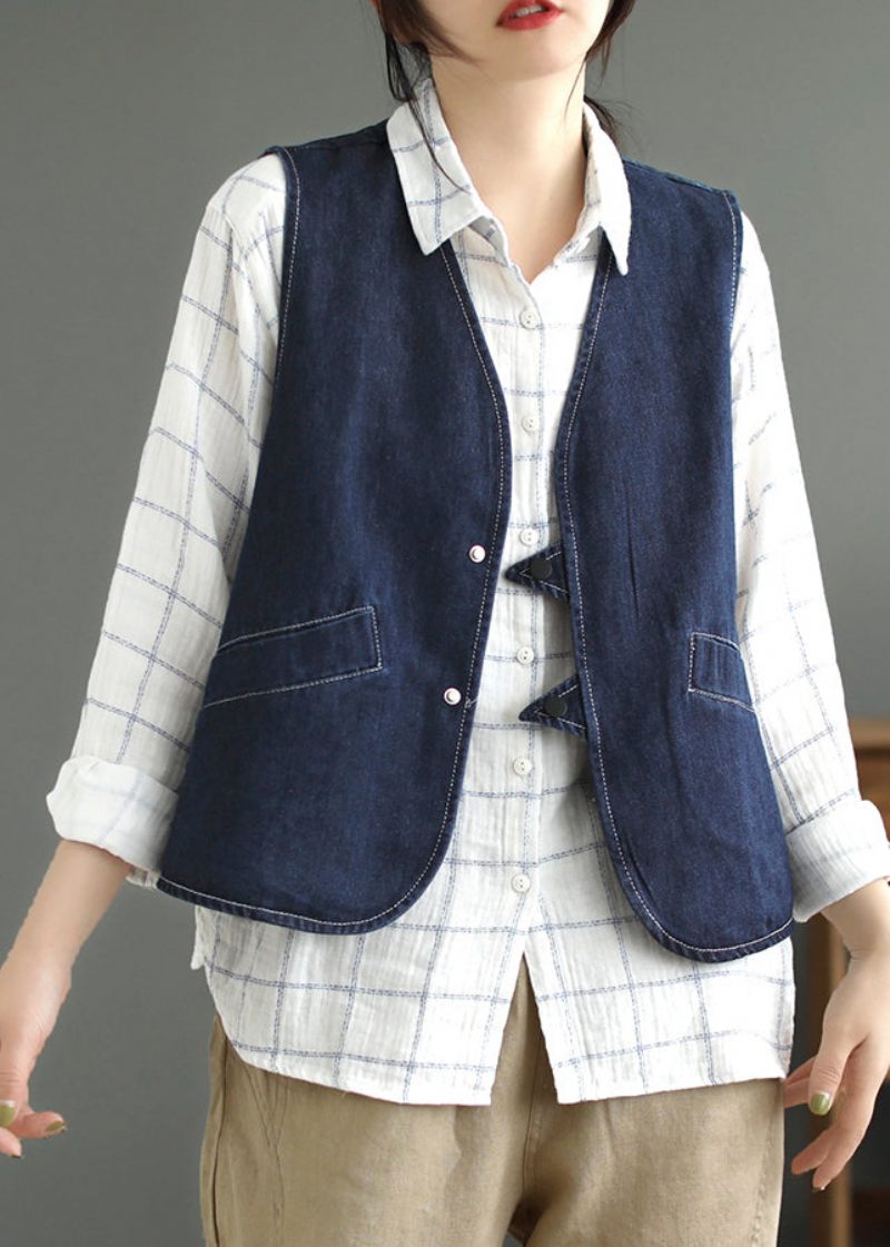 Mørkeblå Lommer Patchwork Denim Vest Uden Ærmer - Mørkeblå