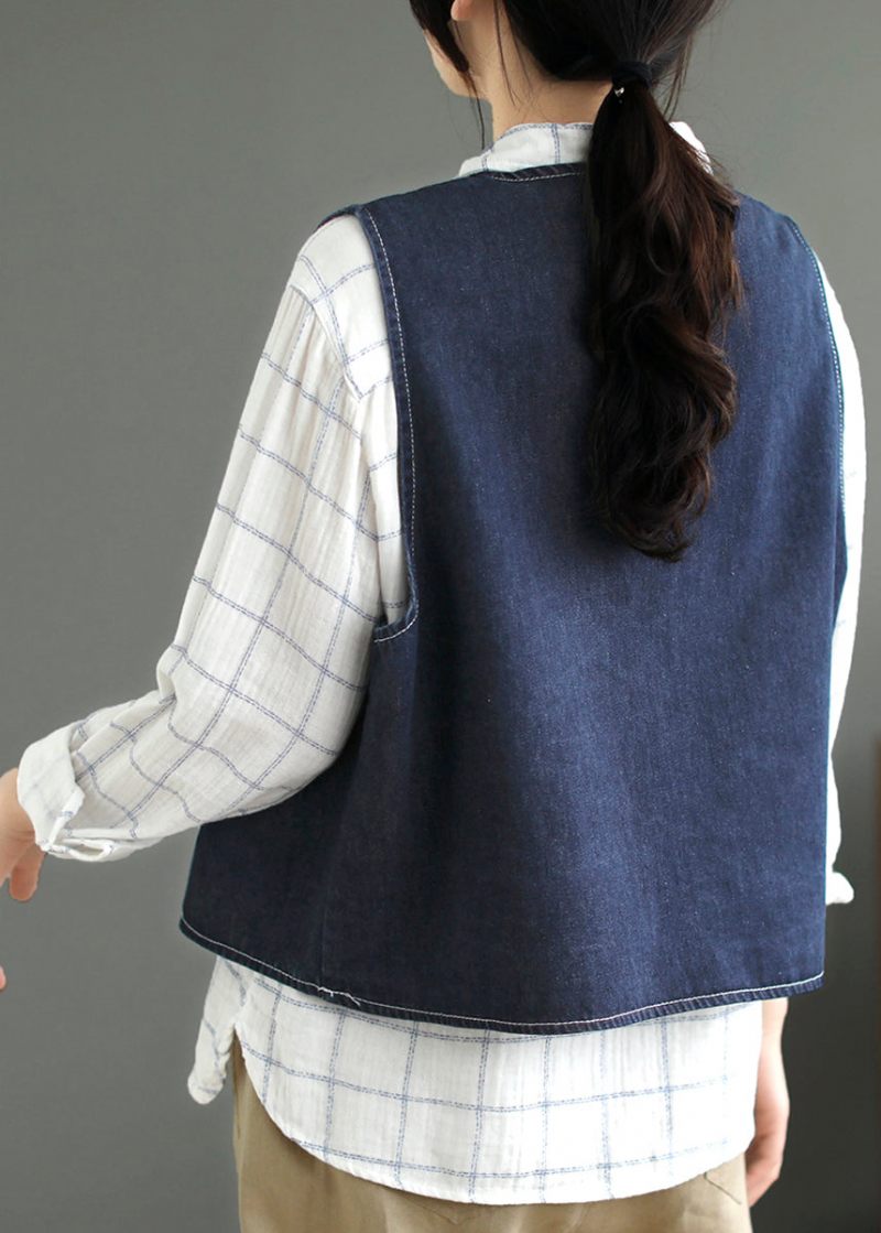 Mørkeblå Lommer Patchwork Denim Vest Uden Ærmer - Mørkeblå