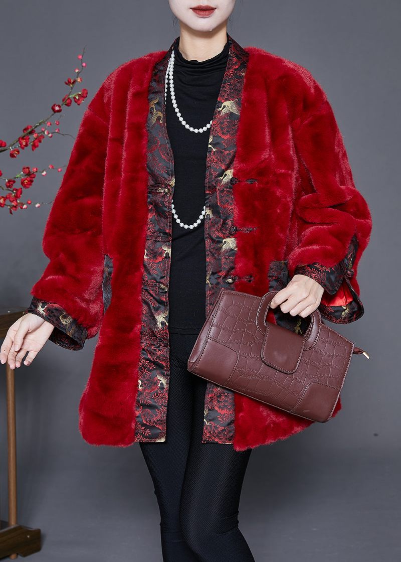 Mulberry Patchwork Faux Fur Coat Kinesisk Knap Vinter