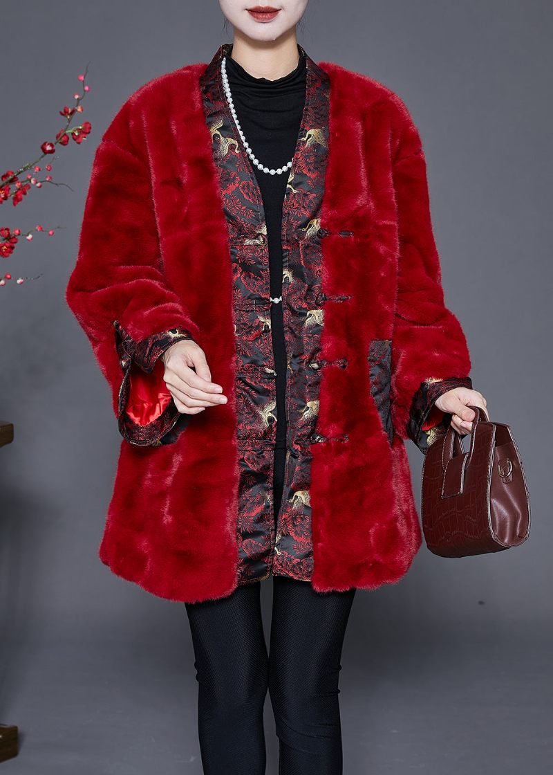 Mulberry Patchwork Faux Fur Coat Kinesisk Knap Vinter - Dame vinterfrakker