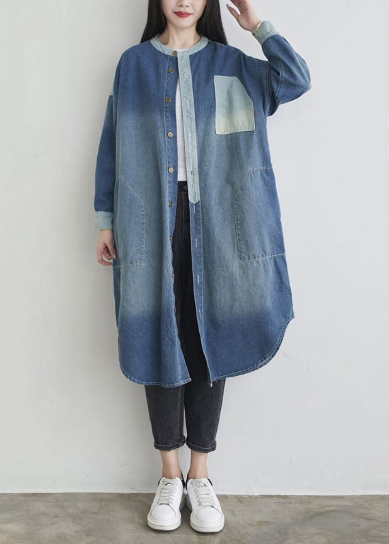 Naturlig Blå O-halslommer Patchwork Denim Outwear Spring