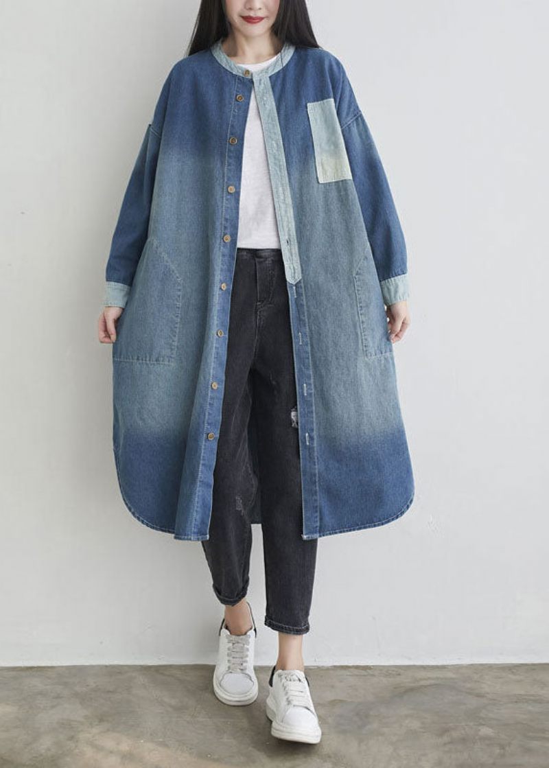 Naturlig Blå O-halslommer Patchwork Denim Outwear Spring - Dame vinterfrakker