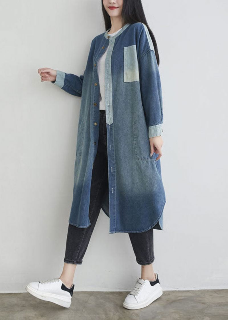 Naturlig Blå O-halslommer Patchwork Denim Outwear Spring - Dame vinterfrakker