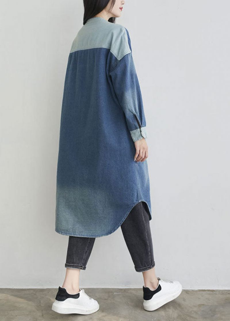 Naturlig Blå O-halslommer Patchwork Denim Outwear Spring - Dame vinterfrakker