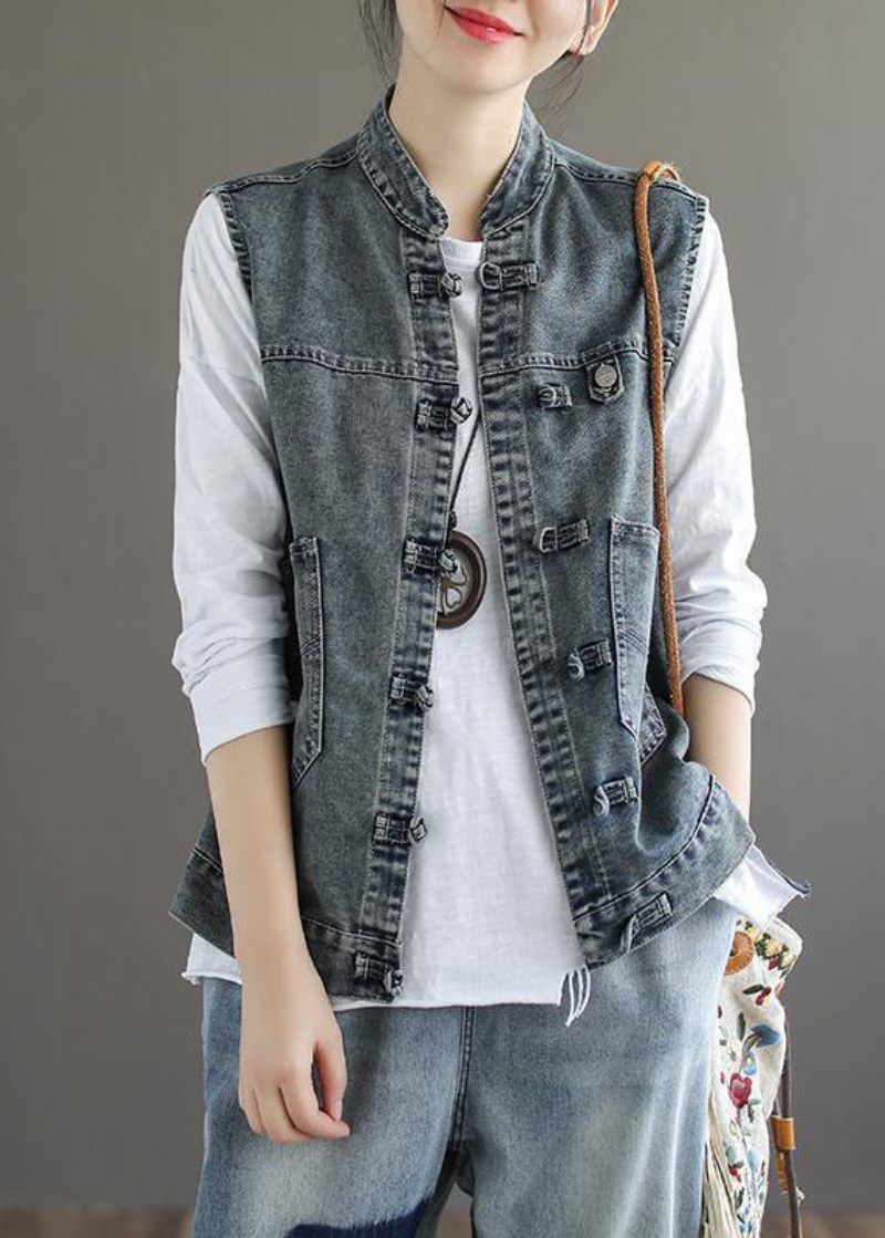 Naturlig Blå Stativ Kravelommer Patchwork Denim Vest Uden Ærmer