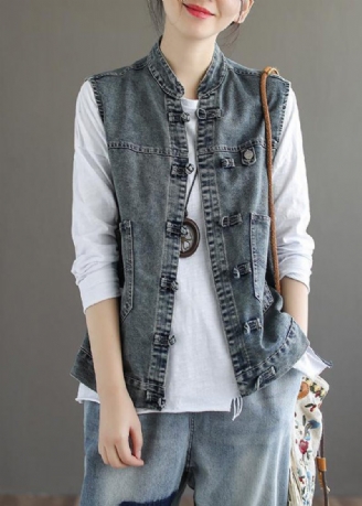 Naturlig Blå Stativ Kravelommer Patchwork Denim Vest Uden Ærmer