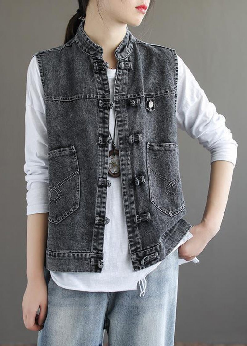 Naturlig Blå Stativ Kravelommer Patchwork Denim Vest Uden Ærmer - Blå