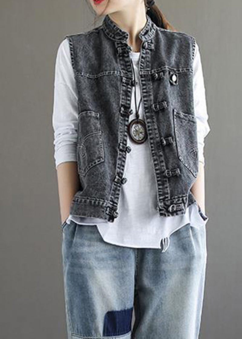 Naturlig Blå Stativ Kravelommer Patchwork Denim Vest Uden Ærmer - Blå