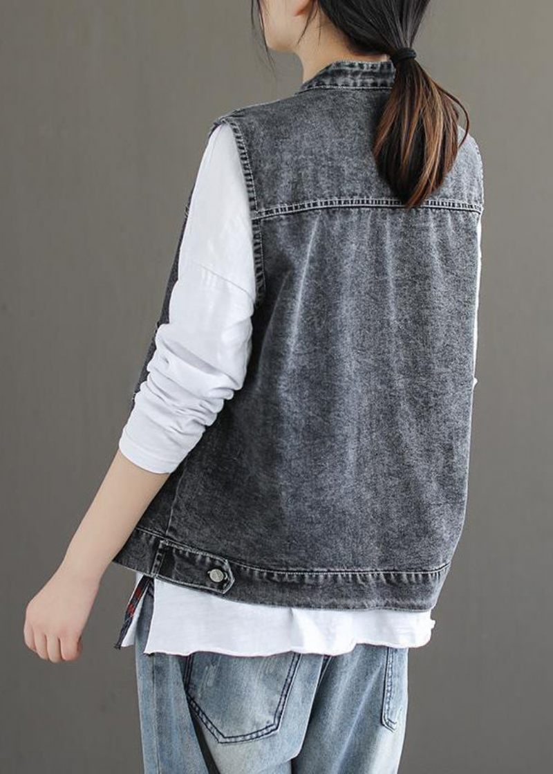 Naturlig Blå Stativ Kravelommer Patchwork Denim Vest Uden Ærmer - Blå