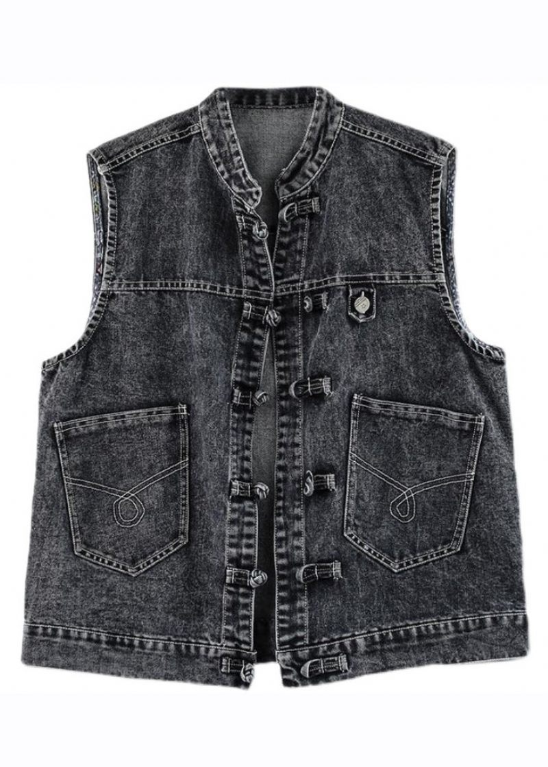 Naturlig Blå Stativ Kravelommer Patchwork Denim Vest Uden Ærmer - Blå