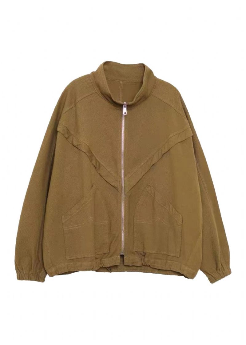 Naturlig Khaki Zip Up Lommer Patchwork Bomuld Frakke Fall - Dame vinterfrakker