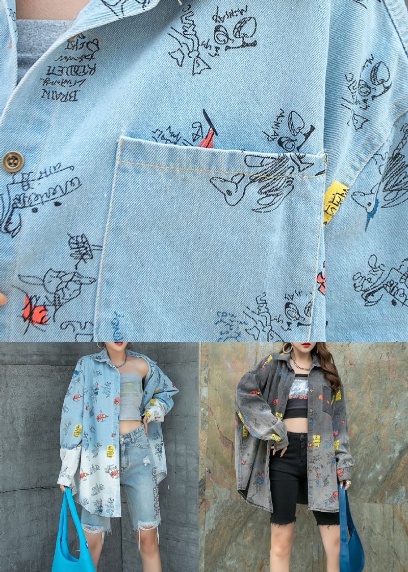 Naturlig Lyseblå Peter Pan Kravelommer Patchwork Denim Coat Spring - Lyseblå