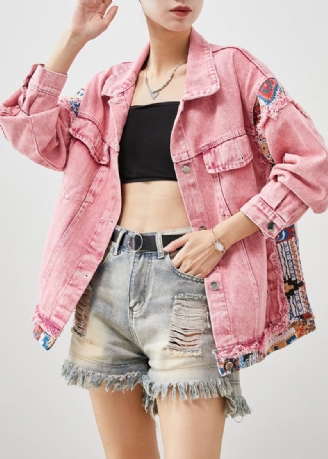 Naturlig Pink Oversized Patchwork Denim Jakker Forår