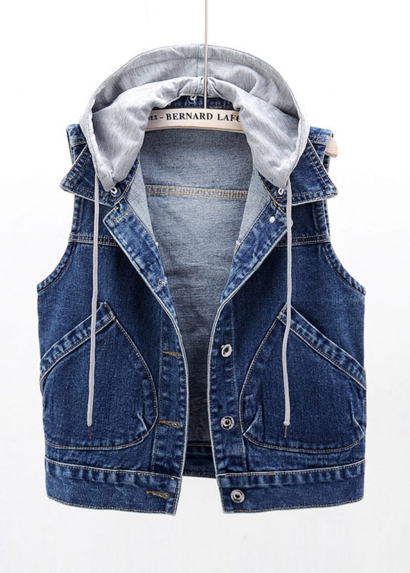 Navy Patchwork-vest I Denim Med Hætte Ærmeløs