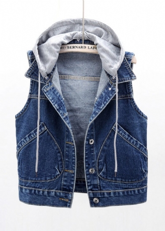 Navy Patchwork-vest I Denim Med Hætte Ærmeløs