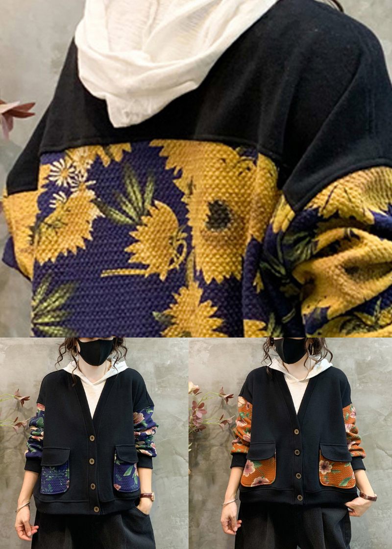 Navy Print Patchwork Varm Fleece Coat V-hals Langærmet - Dame vinterfrakker