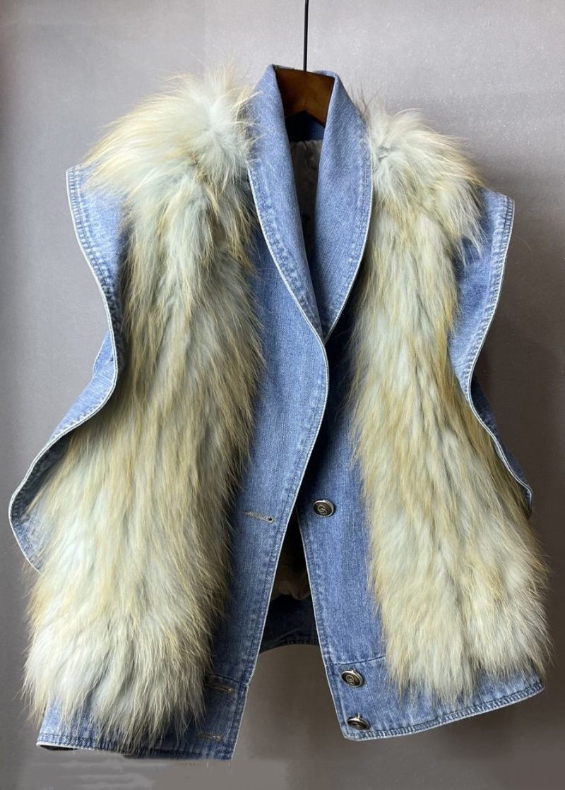 Ny Blå Flæsede Fuzzy Pels Fluffy Patchwork Denim Vest Uden Ærmer