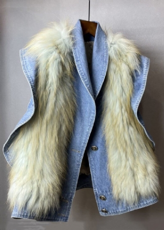 Ny Blå Flæsede Fuzzy Pels Fluffy Patchwork Denim Vest Uden Ærmer