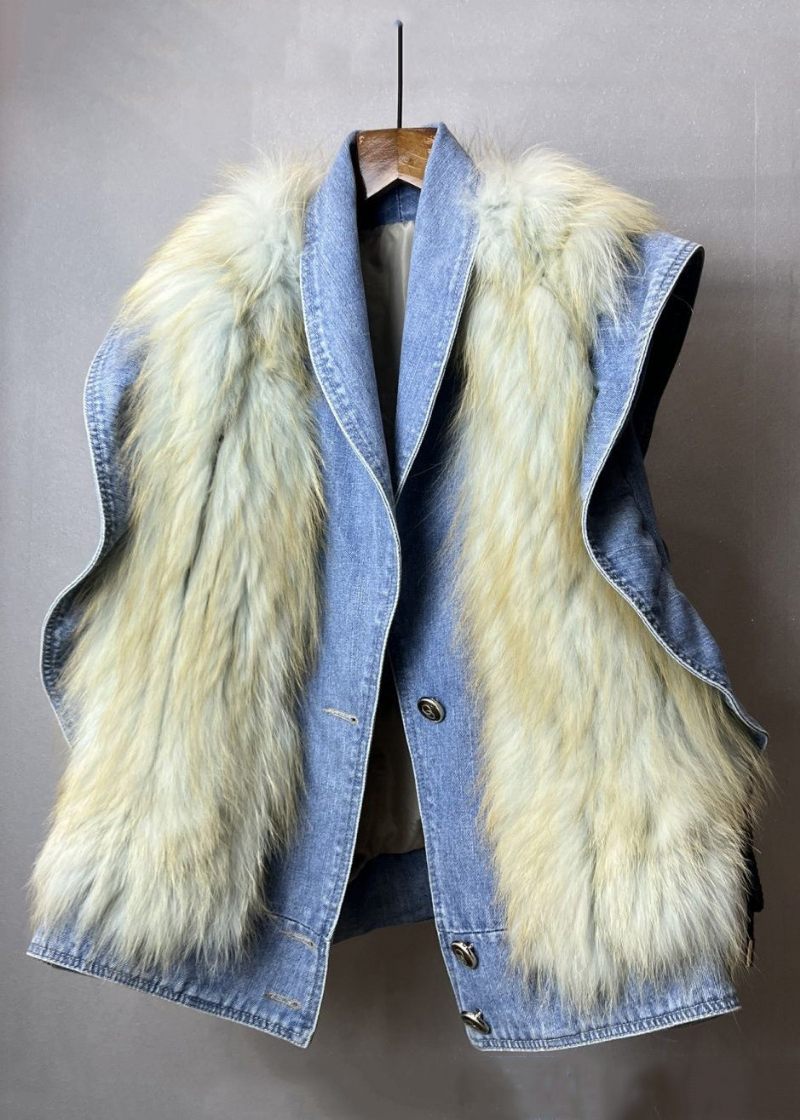 Ny Blå Flæsede Fuzzy Pels Fluffy Patchwork Denim Vest Uden Ærmer - Dame vinterfrakker