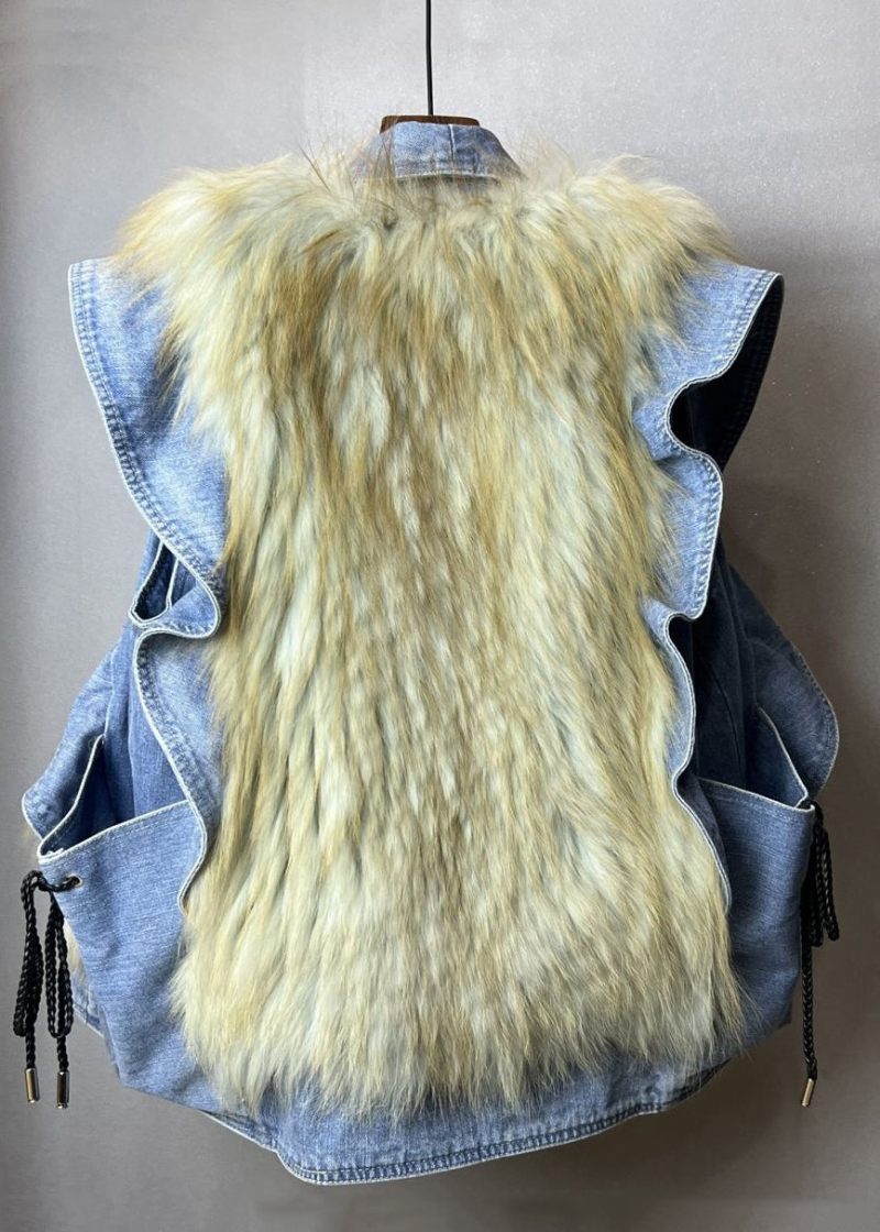 Ny Blå Flæsede Fuzzy Pels Fluffy Patchwork Denim Vest Uden Ærmer - Dame vinterfrakker