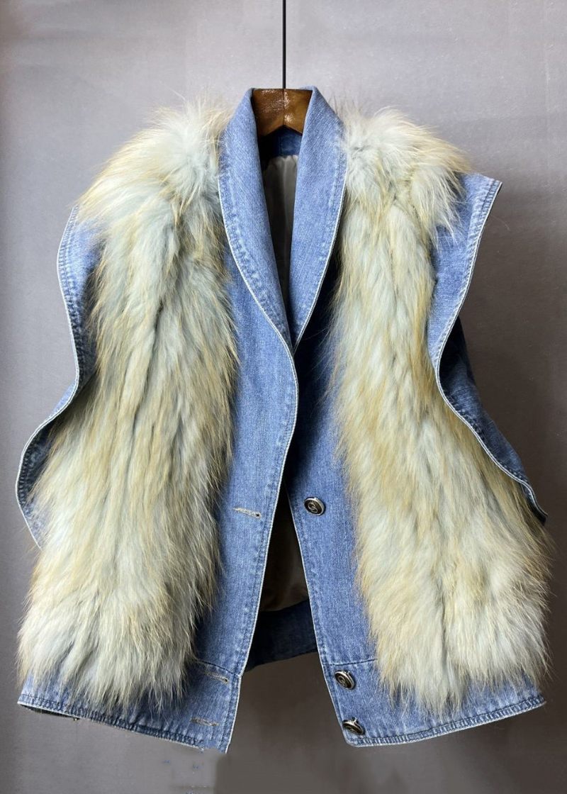 Ny Blå Flæsede Fuzzy Pels Fluffy Patchwork Denim Vest Uden Ærmer - Dame vinterfrakker