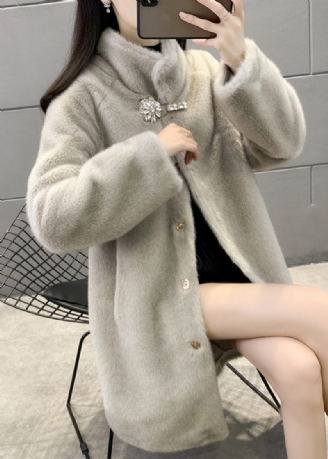 Ny Grå Stand Button Zircon Collar Mink Velvet Coats Vinter